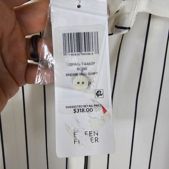 Eileen Fisher Silk Crepe Button Up Shirt PS Ivory Painterly Stripe Ruched Sleeve - Picture 4 of 12